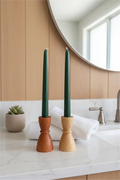 ( MUM 12 ) 2li El Yapımı Doğal Ahşap Vazo Şamdan Mumluk 10 cm Modern Dekoratif İskandinav Masif Mumluk