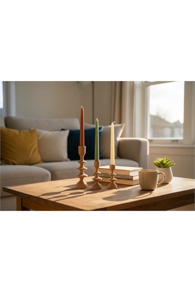 ( MUM 16 ) 3lü El Yapımı Doğal Ahşap Vazo Şamdan Mumluk 18x14x10 cm Modern Dekoratif İskandinav Masif Mumluk