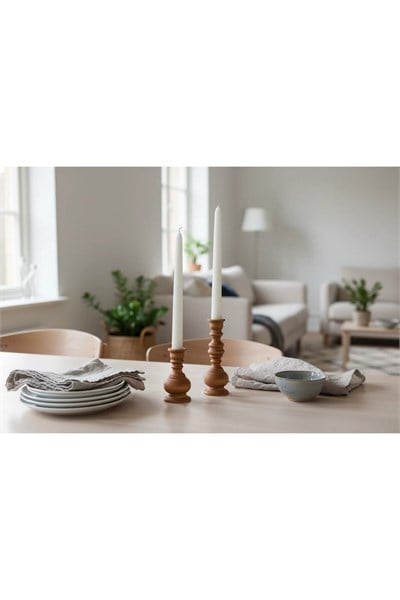 ( MUM 21 ) 2li El Yapımı Doğal Ahşap Vazo Şamdan Mumluk 15x10 cm Modern Dekoratif İskandinav Masif Mumluk