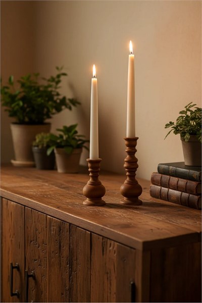 ( MUM 21 ) 2li El Yapımı Doğal Ahşap Vazo Şamdan Mumluk 15x10 cm Modern Dekoratif İskandinav Masif Mumluk