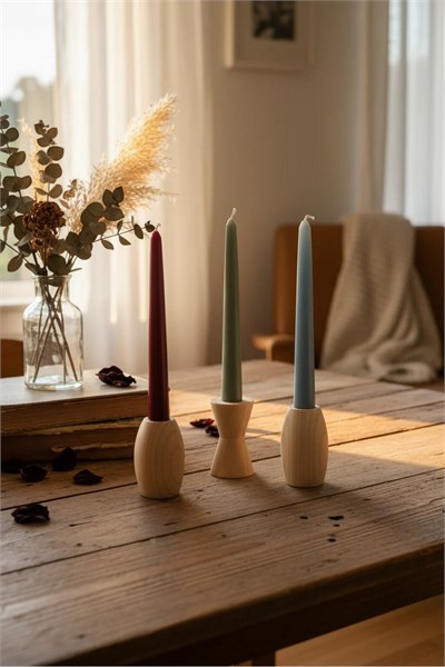 ( MUM 7 ) 3 lü El Yapımı Doğal Ahşap Vazo Şamdan Mumluk 8 cm Modern Dekoratif İskandinav Masif Mumluk