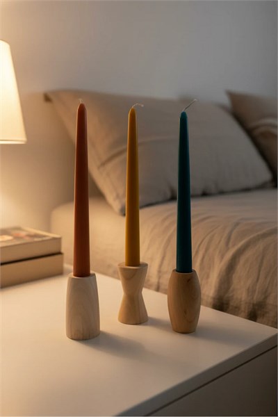 ( MUM 7 ) 3 lü El Yapımı Doğal Ahşap Vazo Şamdan Mumluk 8 cm Modern Dekoratif İskandinav Masif Mumluk