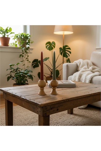 ( MUM 9 ) 2li El Yapımı Doğal Ahşap Vazo Şamdan Mumluk 9 cm Modern Dekoratif İskandinav Masif Mumluk