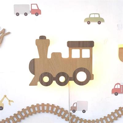 ( PP-39) Tren Desen Ahşap Işıklı Bebek ve Çocuk Odası Duvar Asılabilir Tablo Adaptör Dahil