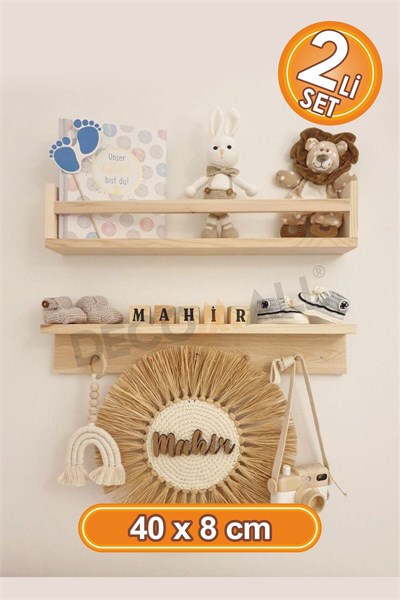 ( Raf-01 ) Ahşap Raf Askılık Ve Kitaplık Rafı-Eğitici Montessori Raf 2 Adet Çocuk Bebek Odası Raf 40 cm x 8 cm