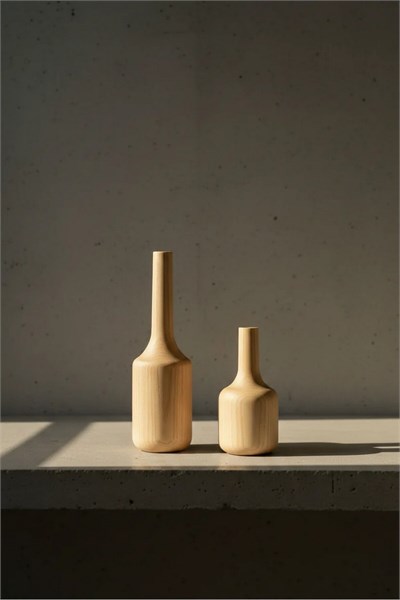 ( VZ 3 ) 2li El Yapımı Doğal Ahşap Vazo Şamdan Mumluk 25x16 cm Modern Dekoratif İskandinav Masif Mumluk