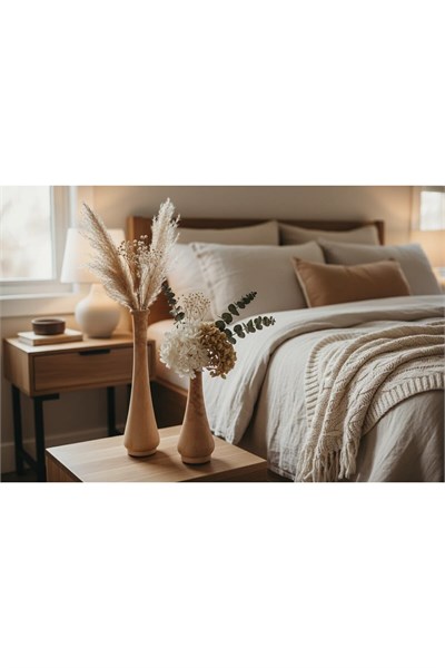 ( VZ 5 ) 2li El Yapımı Doğal Ahşap Vazo Şamdan Mumluk 30x25 cm Modern Dekoratif İskandinav Masif Mumluk