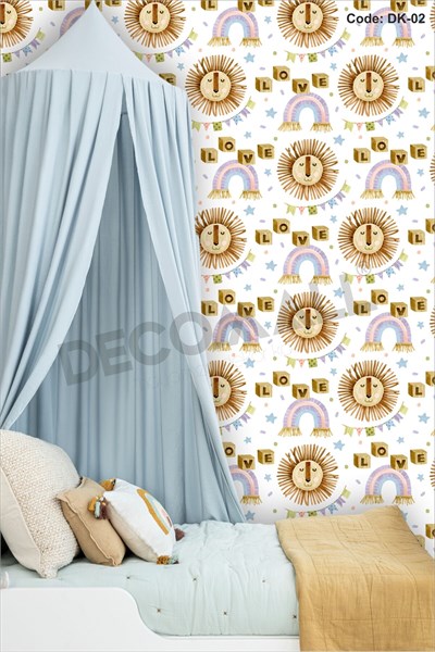 ÇDK-2 Aslan & Gökkuşağı Desenli Bebek Çocuk Odası Duvar Kağıdı Kendinden Yapışkanlı 50 cm x 10m