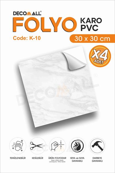 CodeK-10 Kendinden Yapışkanlı FOLYO KARO Suya Dayanıklı Mutfak Banyo Zemin Kaplama 30x30 Cm(4 ADET)