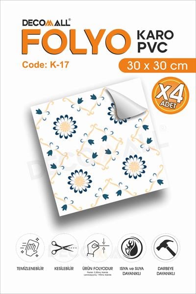 CodeK-17 Kendinden Yapışkanlı FOLYO KARO Suya Dayanıklı Mutfak Banyo Zemin Kaplama 30x30 Cm(4 ADET)