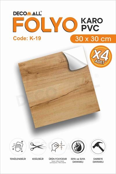 CodeK-19 Kendinden Yapışkanlı FOLYO KARO Suya Dayanıklı Mutfak Banyo Zemin Kaplama 30x30 Cm(4 ADET)