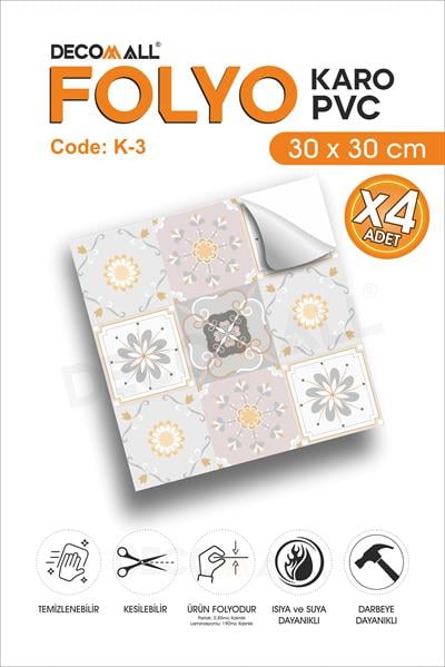 CodeK-3 Kendinden Yapışkanlı FOLYO KARO Suya Dayanıklı Mutfak Banyo Zemin Kaplama 30x30 Cm(4 ADET)