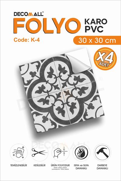 CodeK-4 Kendinden Yapışkanlı FOLYO KARO Suya Dayanıklı Mutfak Banyo Zemin Kaplama 30x30 Cm(4 ADET)
