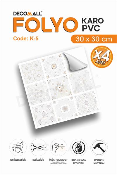 CodeK-5 Kendinden Yapışkanlı FOLYO KARO Suya Dayanıklı Mutfak Banyo Zemin Kaplama 30x30 Cm(4 ADET)