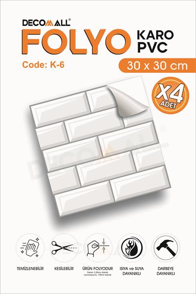 CodeK-6 Kendinden Yapışkanlı FOLYO KARO Suya Dayanıklı Mutfak Banyo Zemin Kaplama 30x30 Cm(4 ADET)