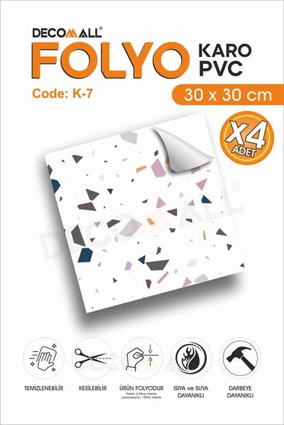 CodeK-7 Kendinden Yapışkanlı FOLYO KARO Suya Dayanıklı Mutfak Banyo Zemin Kaplama 30x30 Cm(4 ADET)