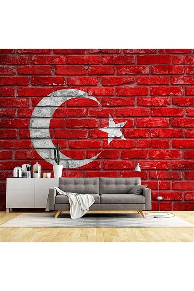 H-8 Türk Bayrağı Temalı Tuğla Duvar Kağıdı – Kırmızı Ay Yıldız Kendinden Yapışkanlı Duvar Kaplama