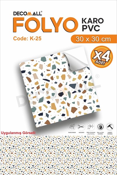 K-25 Kendinden Yapışkanlı FOLYO KARO Suya Dayanıklı Mutfak Banyo Zemin Kaplama 30x30 Cm(4 ADET)