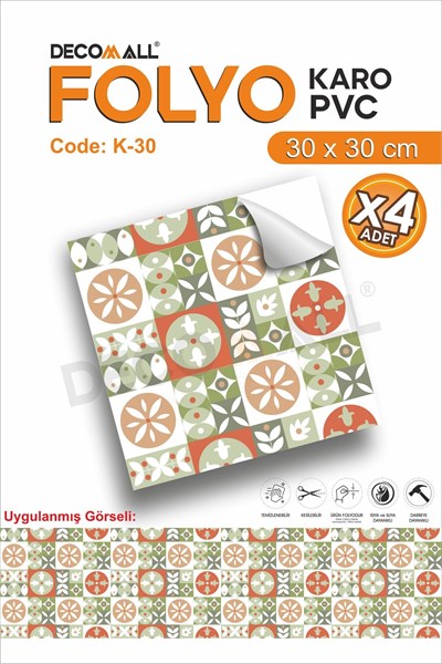 K-30 Kendinden Yapışkanlı FOLYO KARO Suya Dayanıklı Mutfak Banyo Zemin Kaplama 30x30 Cm(4 ADET)