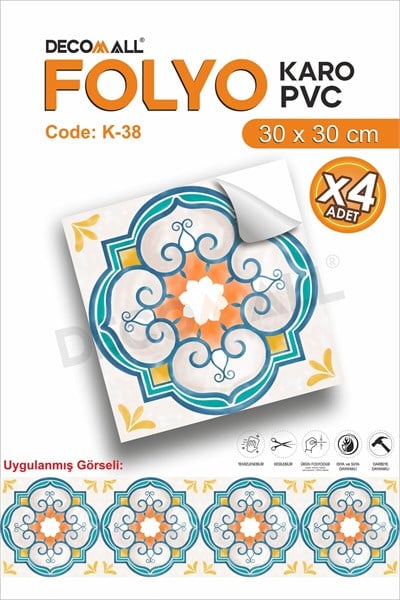 K-38 Kendinden Yapışkanlı FOLYO Suya Dayanıklı Mutfak Banyo Zemin Kaplama 30x30cm (Laminasyonlu)