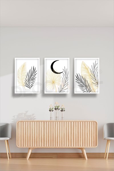 T-4 (50x30cm) 3 Parça Çerçeve Görünümlü Dekoratif Bohem Duvar Poster Seti Kendinden Yapışkanlı Folyo