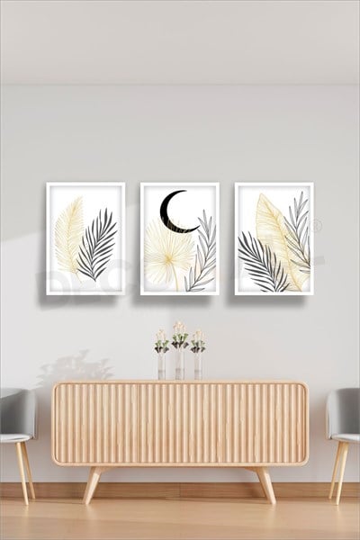 T-4 (50x30cm) 3 Parça Çerçeve Görünümlü Dekoratif Bohem Duvar Poster Seti Kendinden Yapışkanlı Folyo