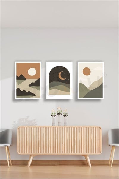T-7 (75x50cm) 3 Parça Çerçeve Görünümlü Dekoratif Bohem Duvar Poster Seti Kendinden Yapışkanlı Folyo