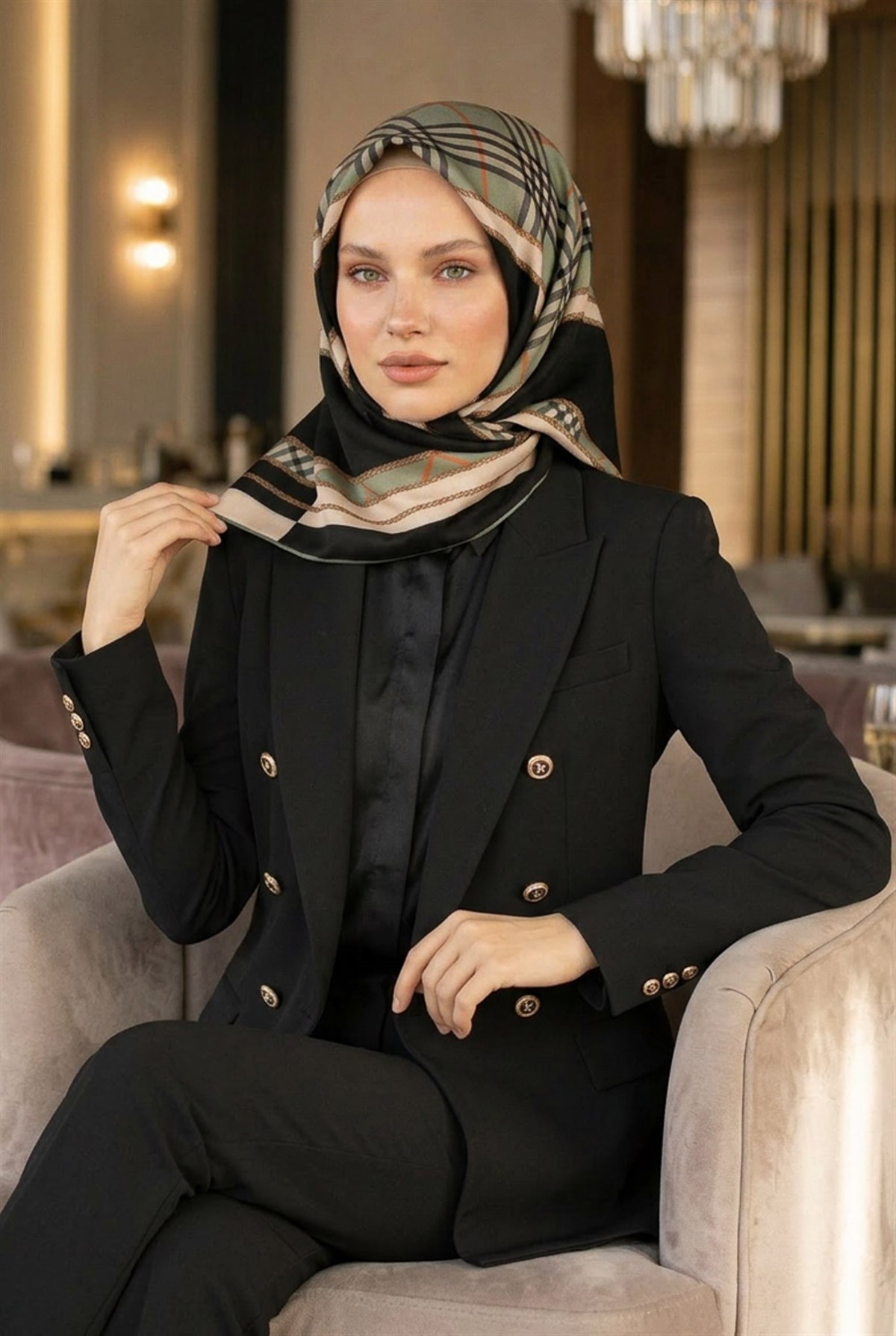 % 57 İPEK % 43 VİSKON Twill İpek Ekose Desenli Çağla Yeşili Renkli 90x90 Eşarp Dikim Şekli : El Dikişi