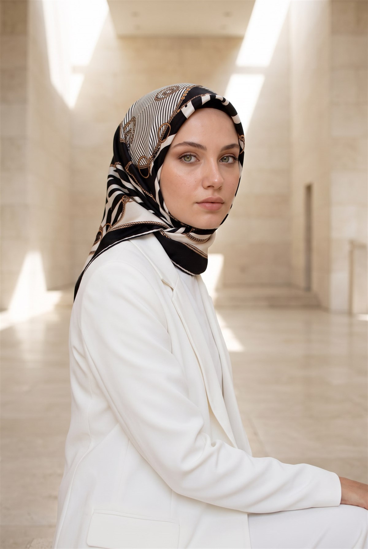 %100 Twill İpek Zincirli Ve Zebra Desenli Krem - Siyah Renkli 90x90 Eşarp Dikim Şekli : El Dikişi