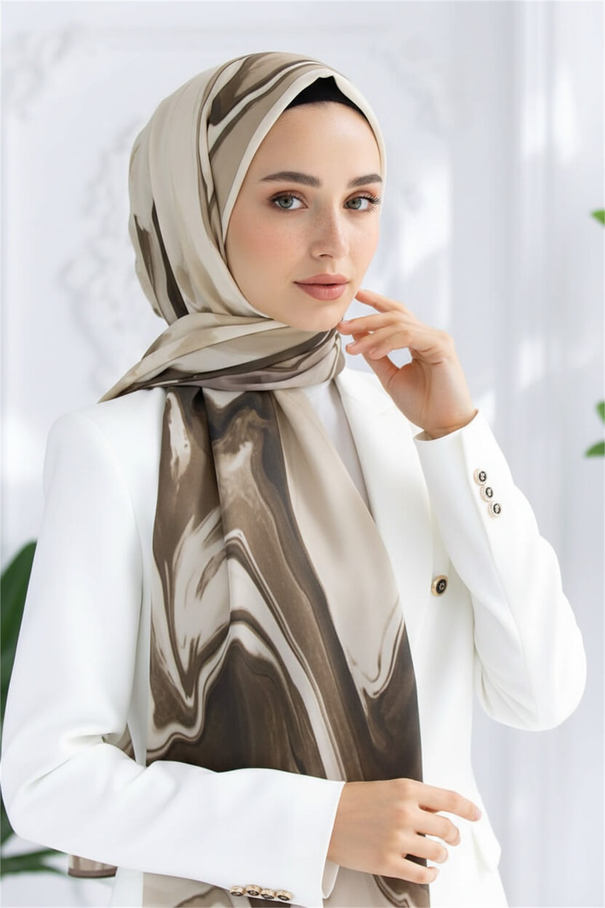 KREP YAPRAK DESENLİ BEJ RENKLİ 75X195 KIRIŞMAZ ŞAL