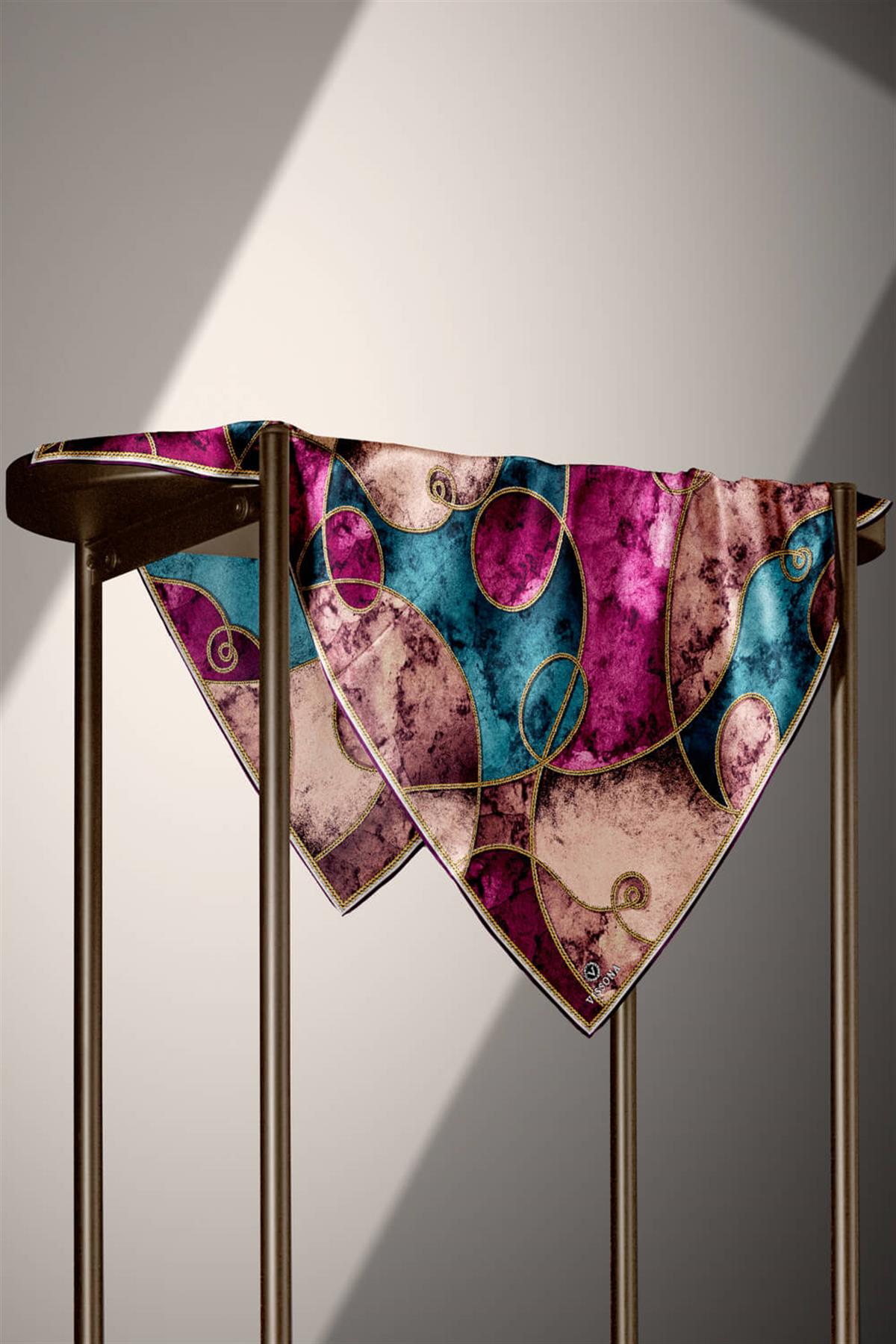 %100 Twill İpek Zincirli Mermer Desenli Mürdüm - Petrol Mavisi Renkli 90x90 Eşarp Dikim Şekli : El Dikişi