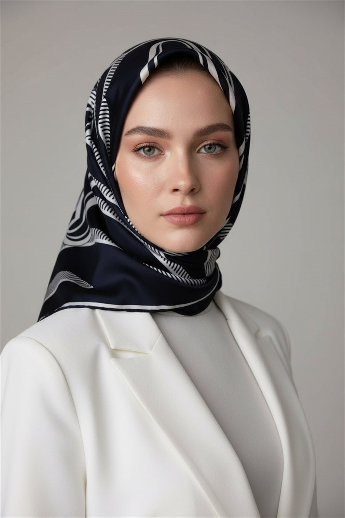 % 57 İPEK % 43 VİSKON Twill İpek Çizgili Çiçek Desenli Lacivert - Krem Renkli 90x90 Eşarp Dikim Şekli : El Dikişi