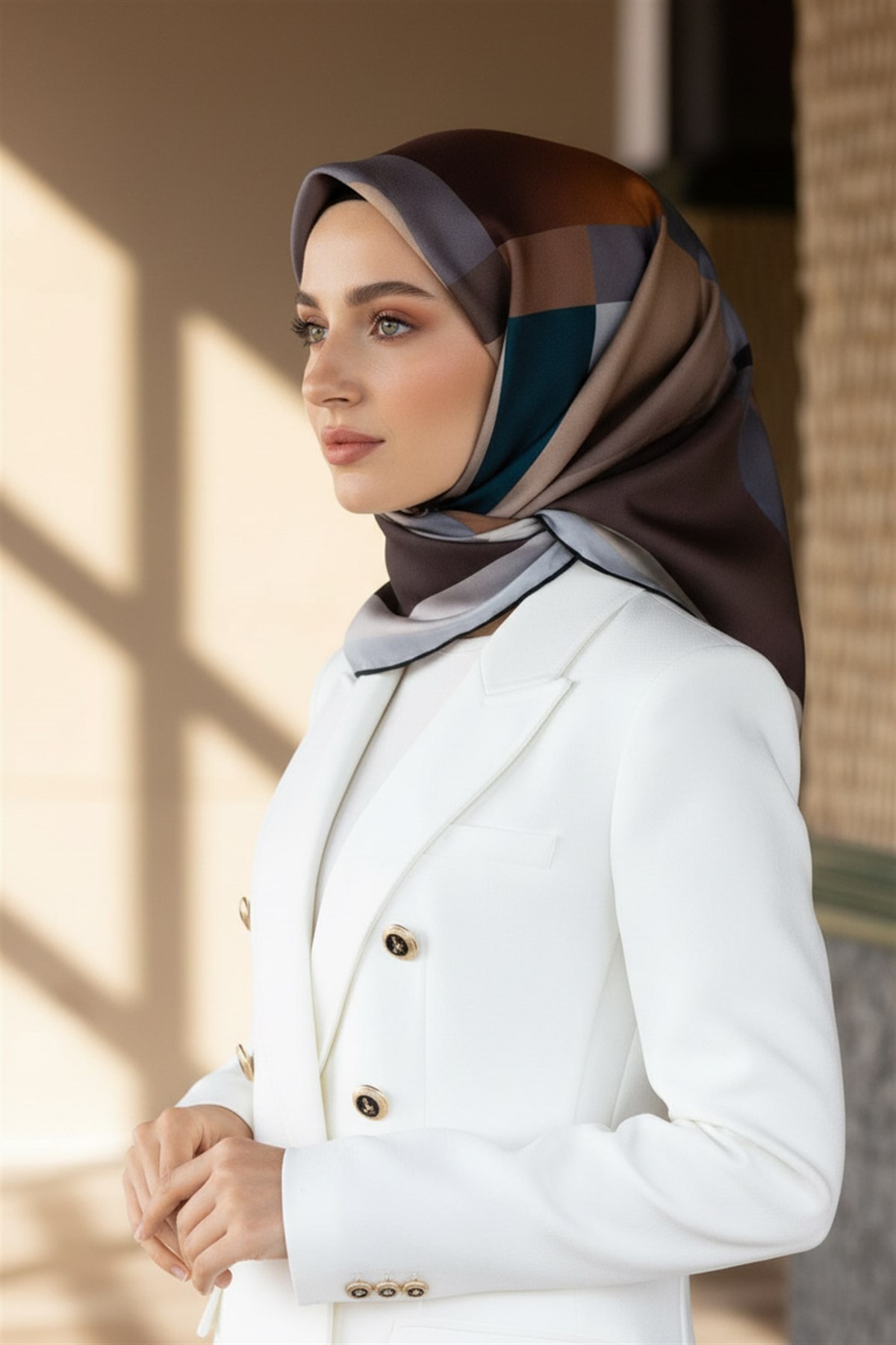 %100 Twill İpek Geometrik Desenli Petrol Mavisi - Gri Renkli 90x90 Eşarp Dikim Şekli : El Dikişi