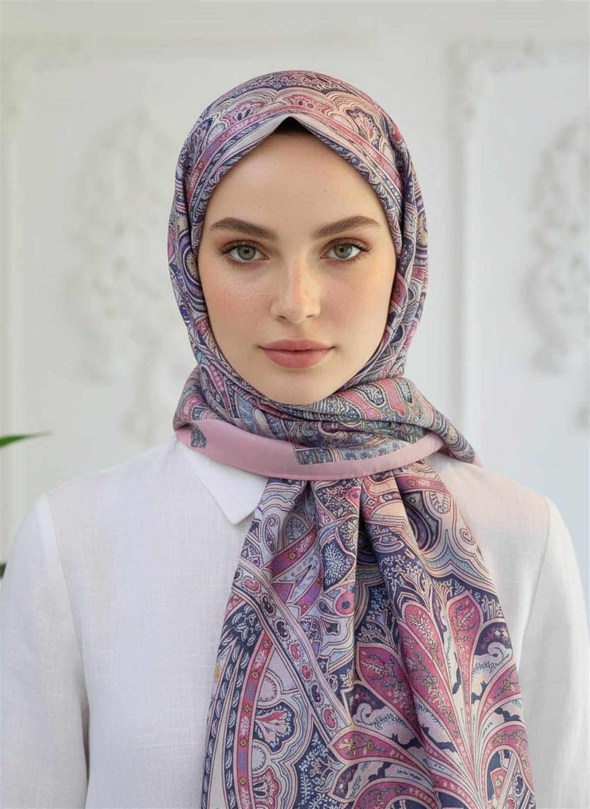 %100 Saf İpek Şal İnce Saten Vual Dokuma Etnik Desenli Pembe Renkli 90x210 Şal