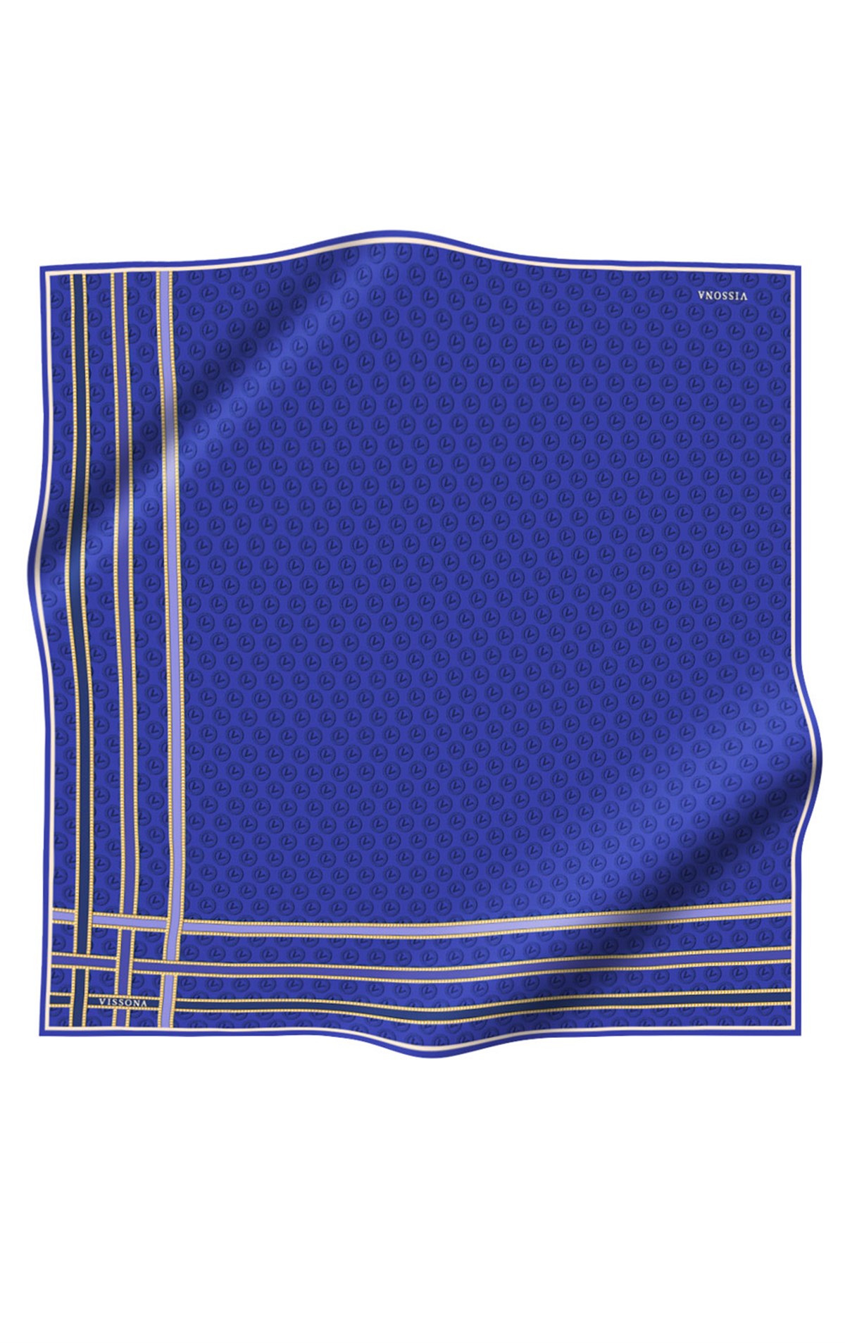 %100 Twill İpek Monogram Desenli Saks - Lacivert Renkli 90x90 Eşarp Dikim Şekli : El Dikişi