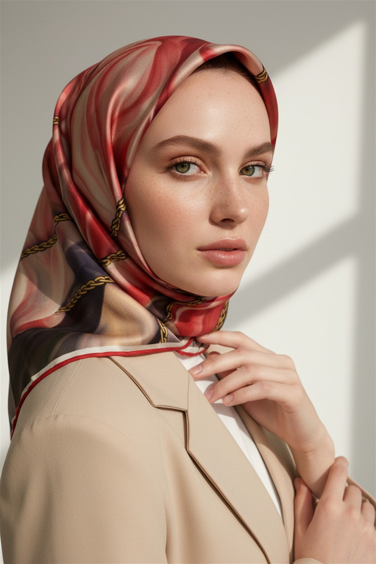 % 57 İPEK % 43 VİSKON Twill İpek Çiçek Geometrik Desenli kırmızı Renkli 90x90 Eşarp Dikim Şekli : El Dikişi