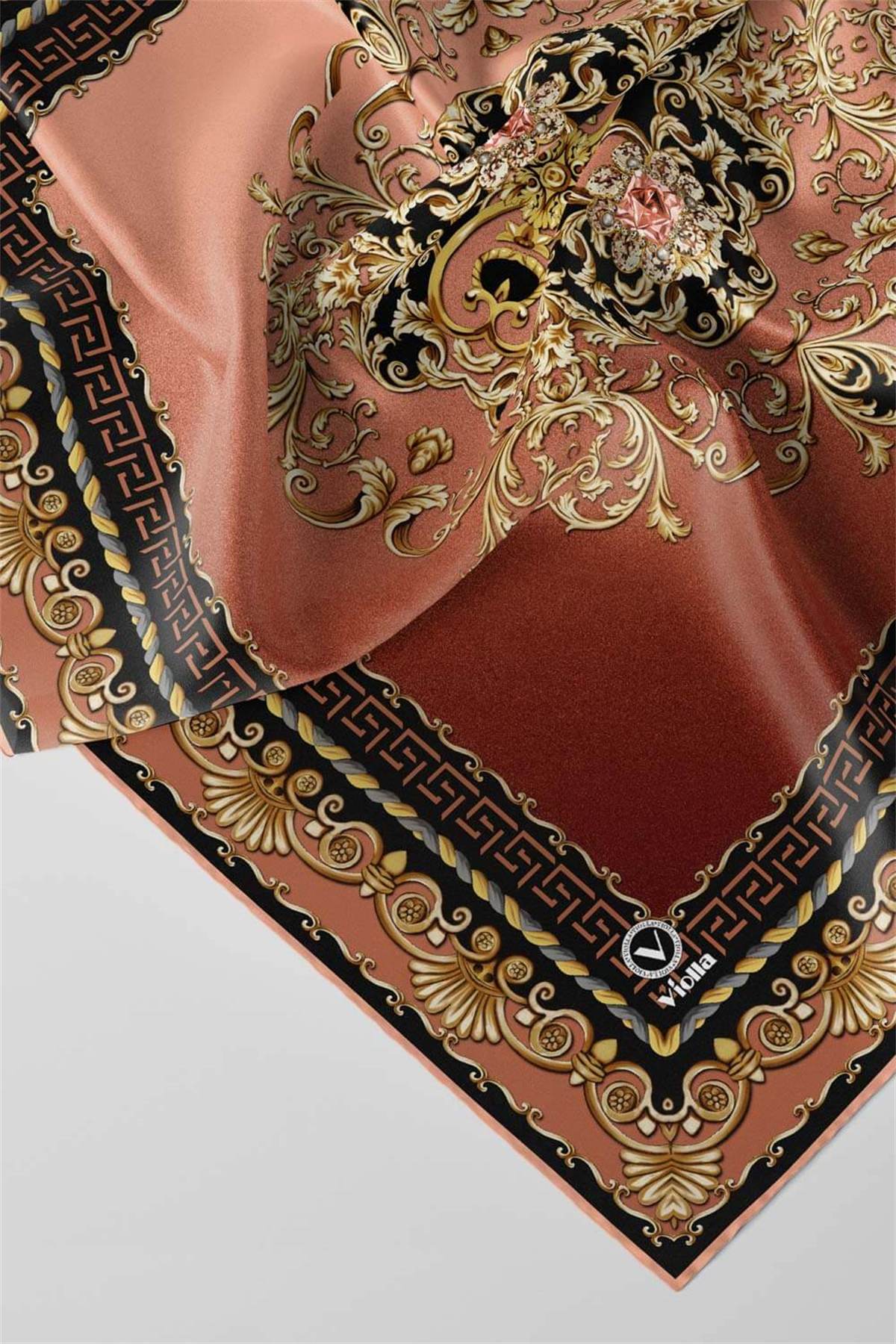 Twill Barok Desenli Taba Renkli 90x90 Eşarp (İpek İçermez) Dikim Şekli : El Dikişi