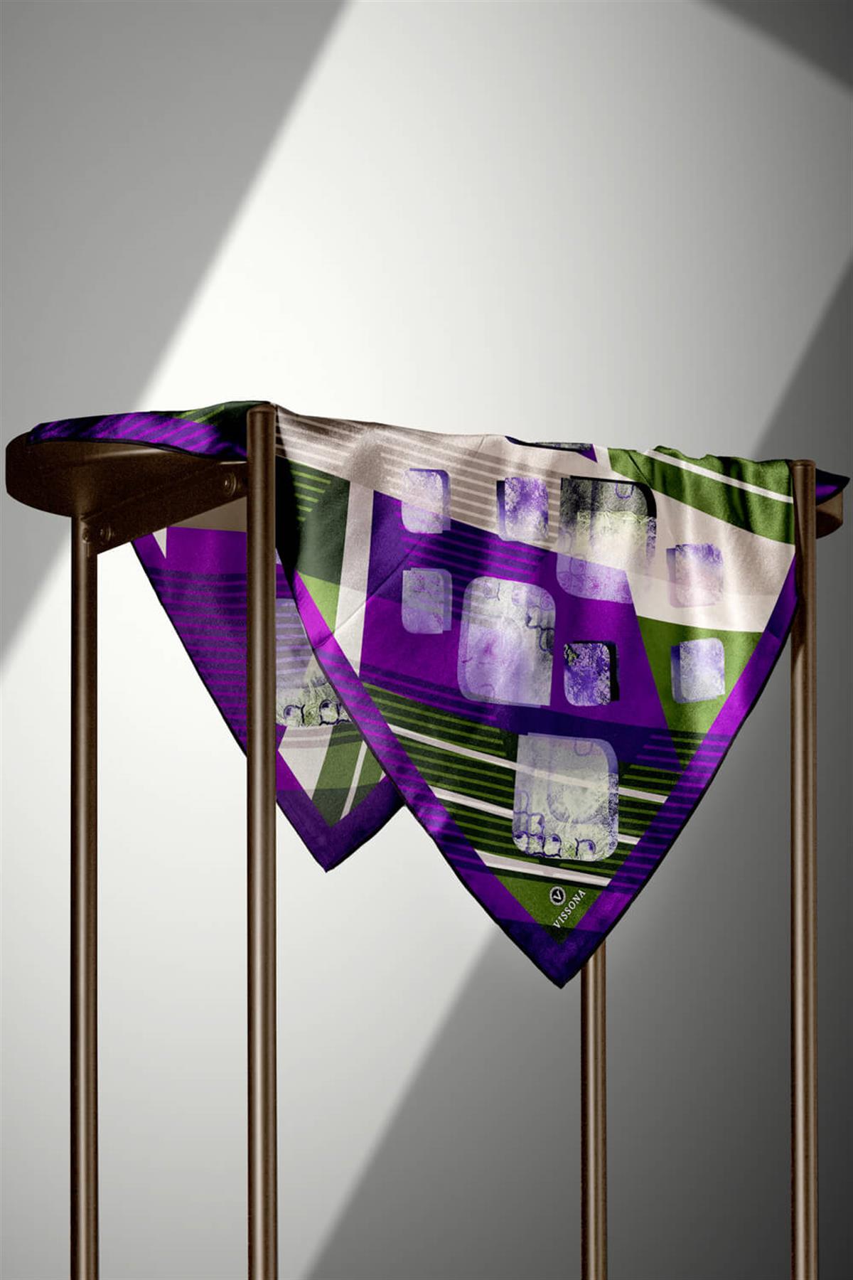 %100 Twill İpek Geometrik Desenli Mor - Haki Renkli 90x90 Eşarp Dikim Şekli : El Dikişi