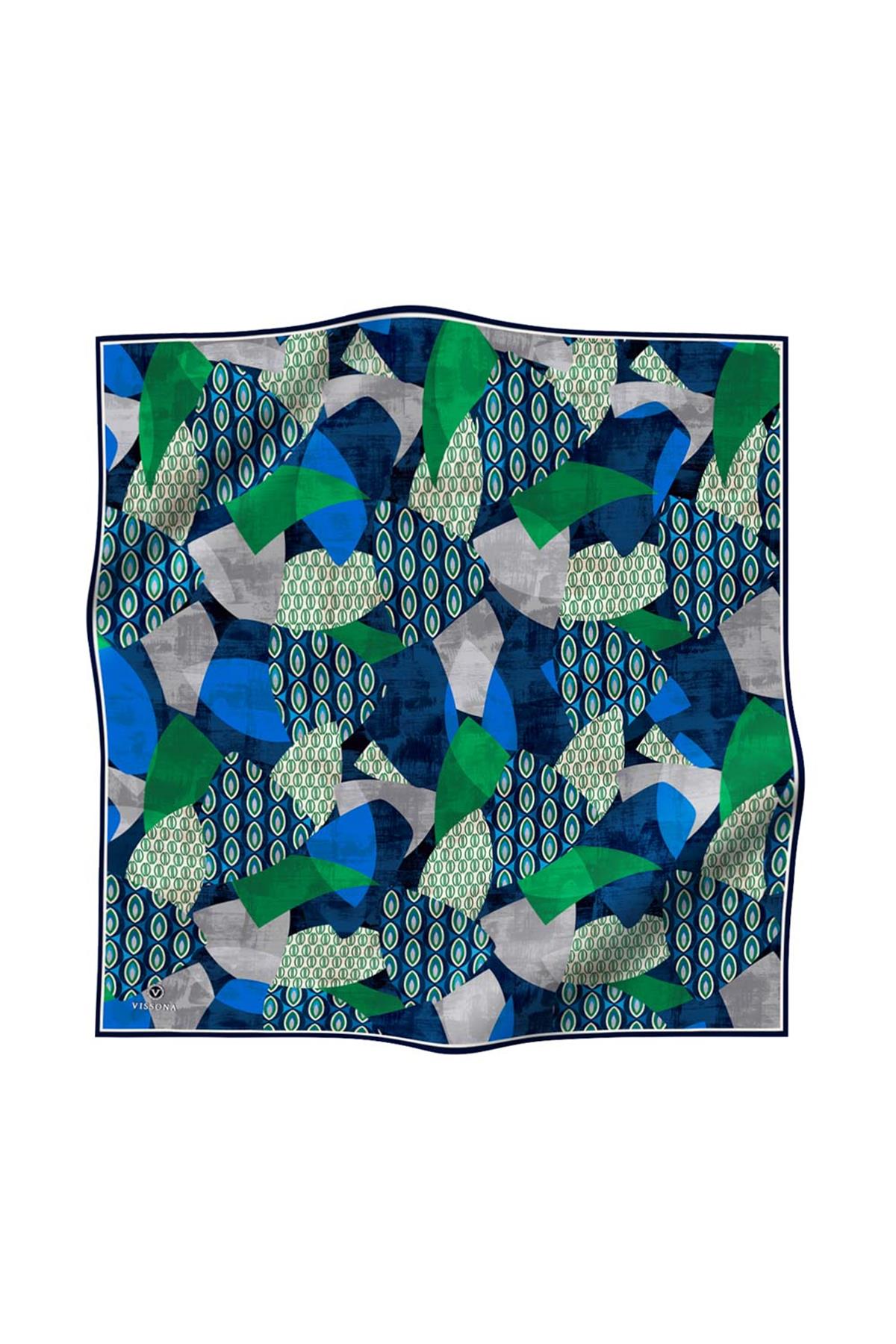 %100 Twill İpek Geometrik Desenli Lacivert - Zümrüt Yeşili Renkli 90x90 Eşarp Kenar Dikiş Şekli El Dikişli