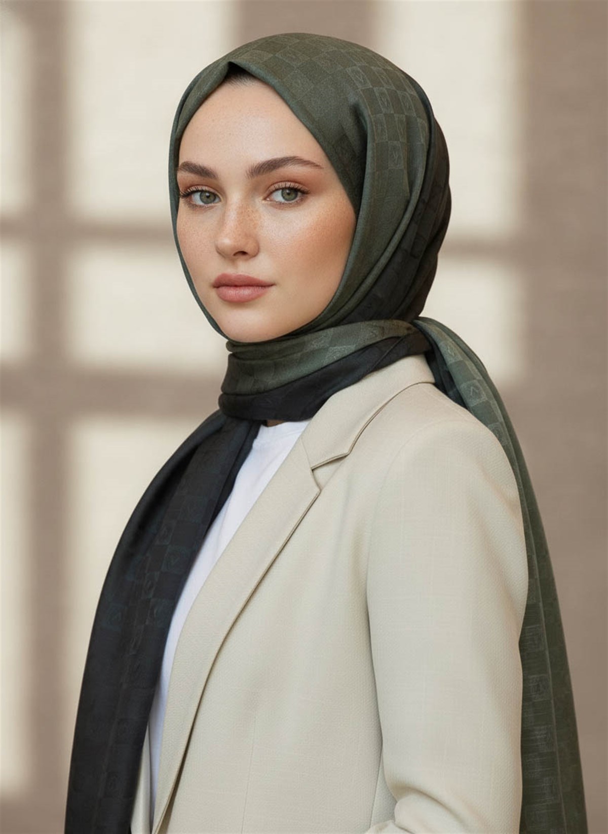Vissona %57 İPEK %43 PAMUK Degrade Desenli Haki Renkli Şal -  70x190 Dikiş Tipi İtalyan Dikişli