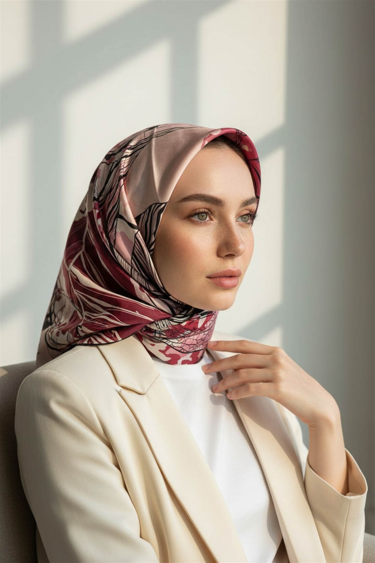 %100 Twill İpek Yaprak Desenli Bordo - Siyah Renkli 90x90 Eşarp Dikim Şekli : El Dikişi