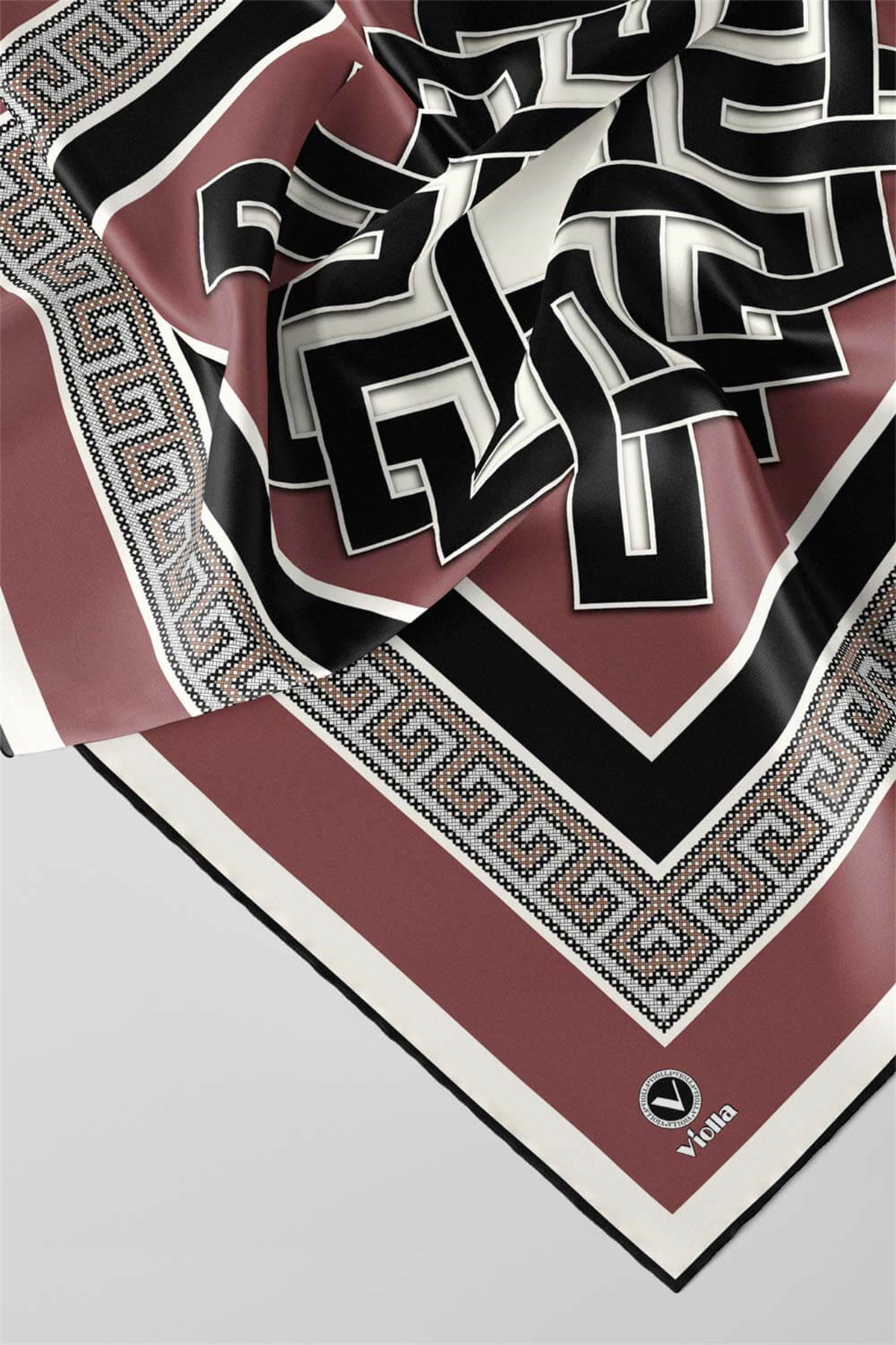Twill Çizgili Sonsuzluk Düğümü Desenli Gül Kurusu Renkli 90x90 Eşarp (İpek İçermez)