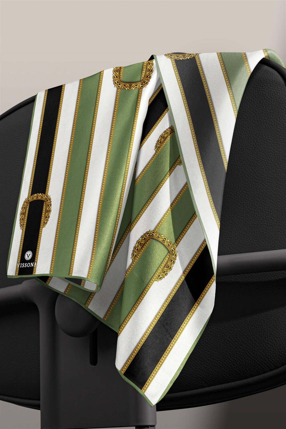 %100 Twill İpek Kemer Desenli Siyah - Haki Renkli 90x90 Eşarp Dikim Şekli : El Dikişi