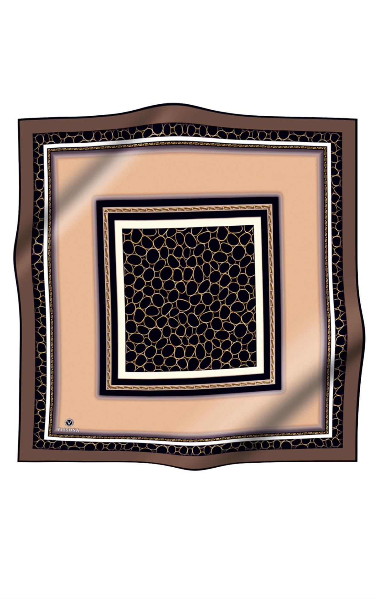 %100 Twill İpek Gold Halka Desenli Bej - Kahverengi Renkli 90x90 Eşarp Dikim Şekli : El Dikişi