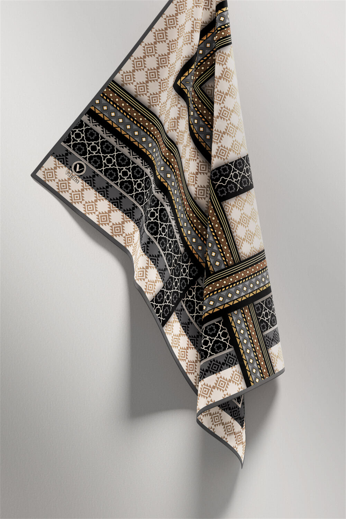 Twill Etnik Desenli Gri Renkli 90x90 Eşarp (İpek İçermez) Kenar Dikiş Şekli El Dikişli