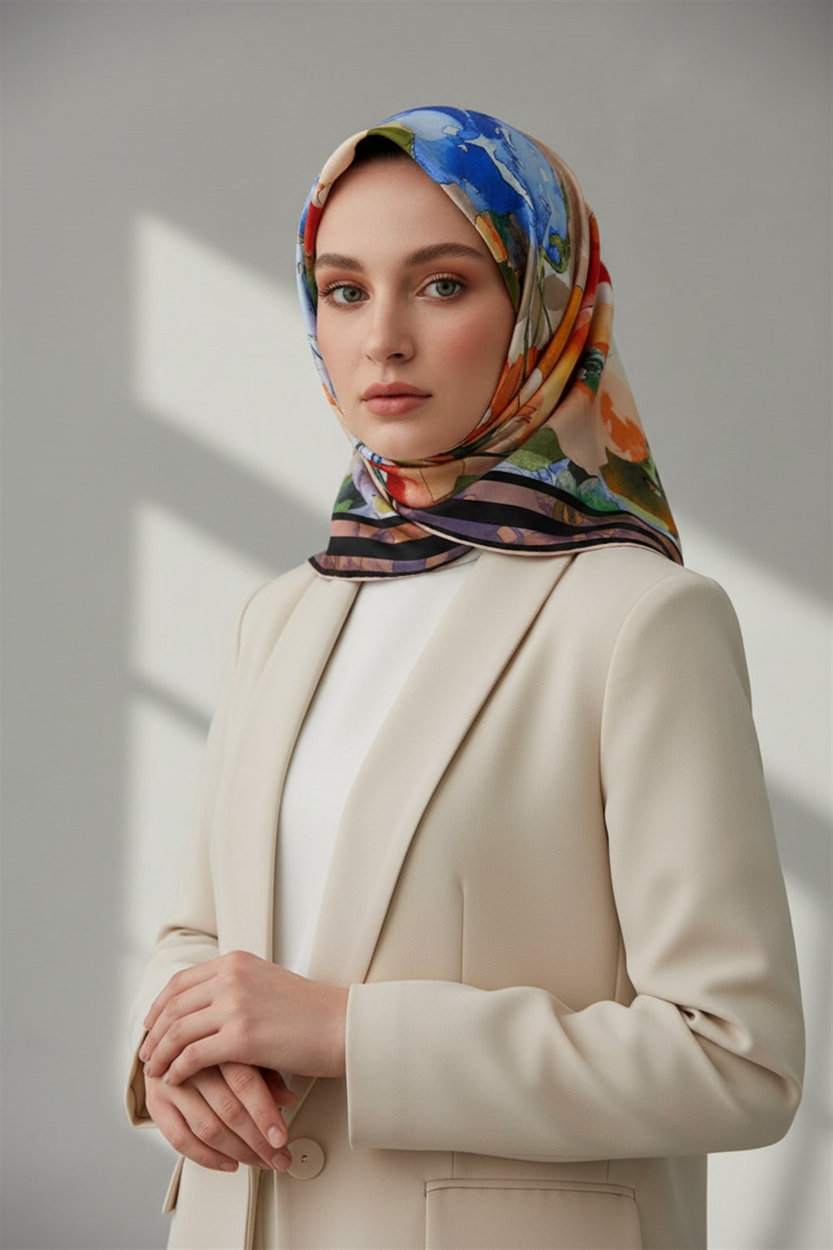 %100 Twill İpek Sulu Boyalı Çiçek Desenli Somon - Kırmızı Renkli 90x90 Eşarp Dikim Şekli : El Dikişi