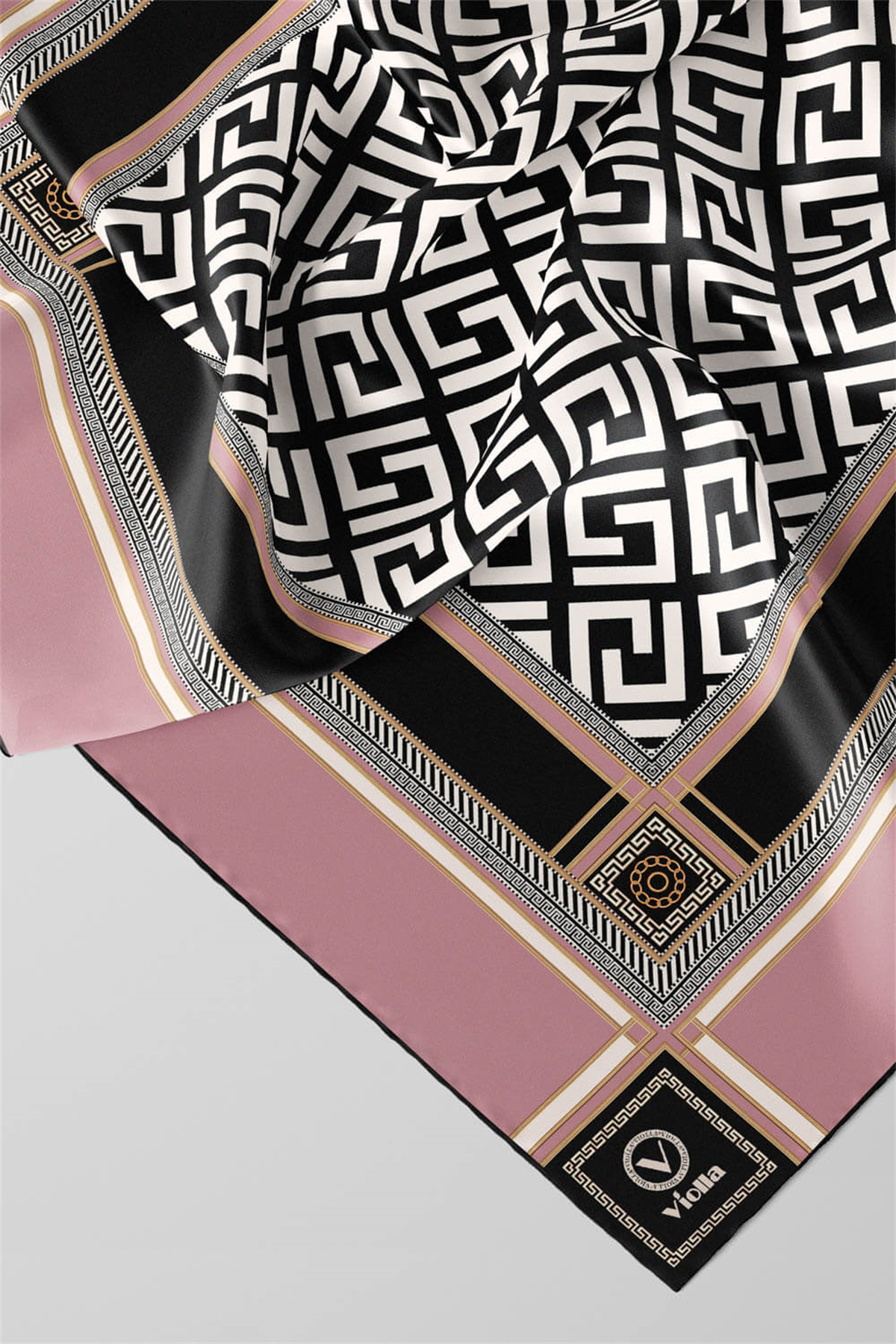 Twill Antik Desenli Pudra Renkli 90x90 Eşarp (İpek İçermez) Kenar Dikiş Şekli El Dikişli