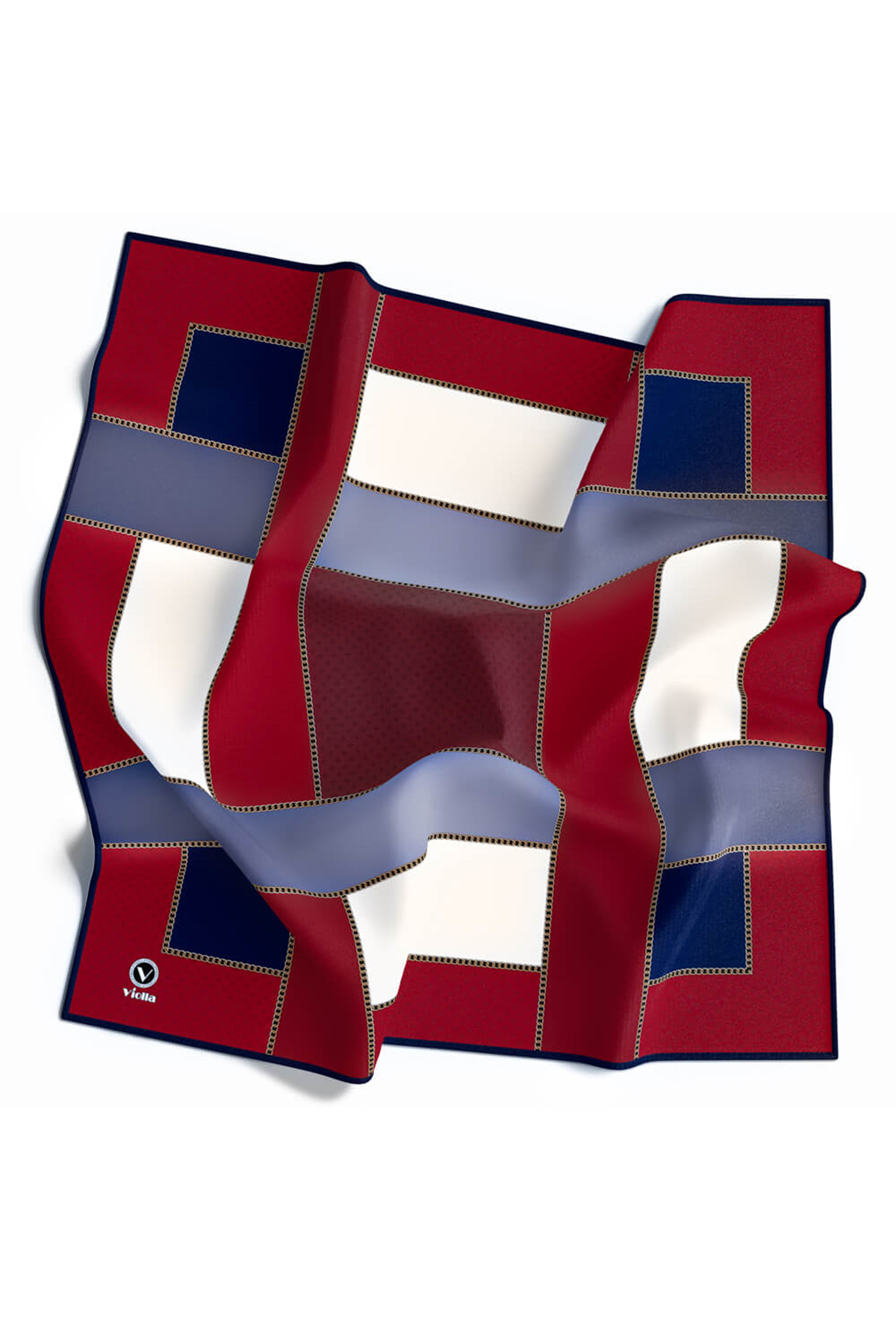 Twill Geometrik Desenli Bordo - Lacivert Renkli 90x90 Eşarp (İpek İçermez) Kenar Dikiş Şekli El Dikişli