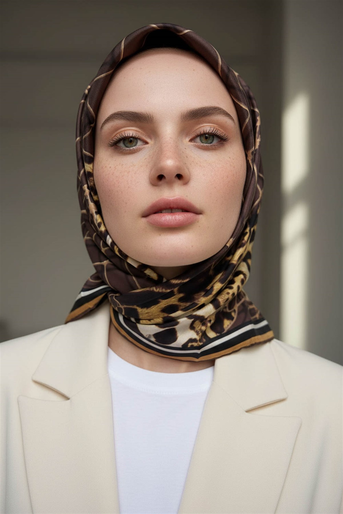 %100 Twill İpek Leopar Desenli Sütlükahverengi Renkli 90x90 Eşarp Dikim Şekli : El Dikişi