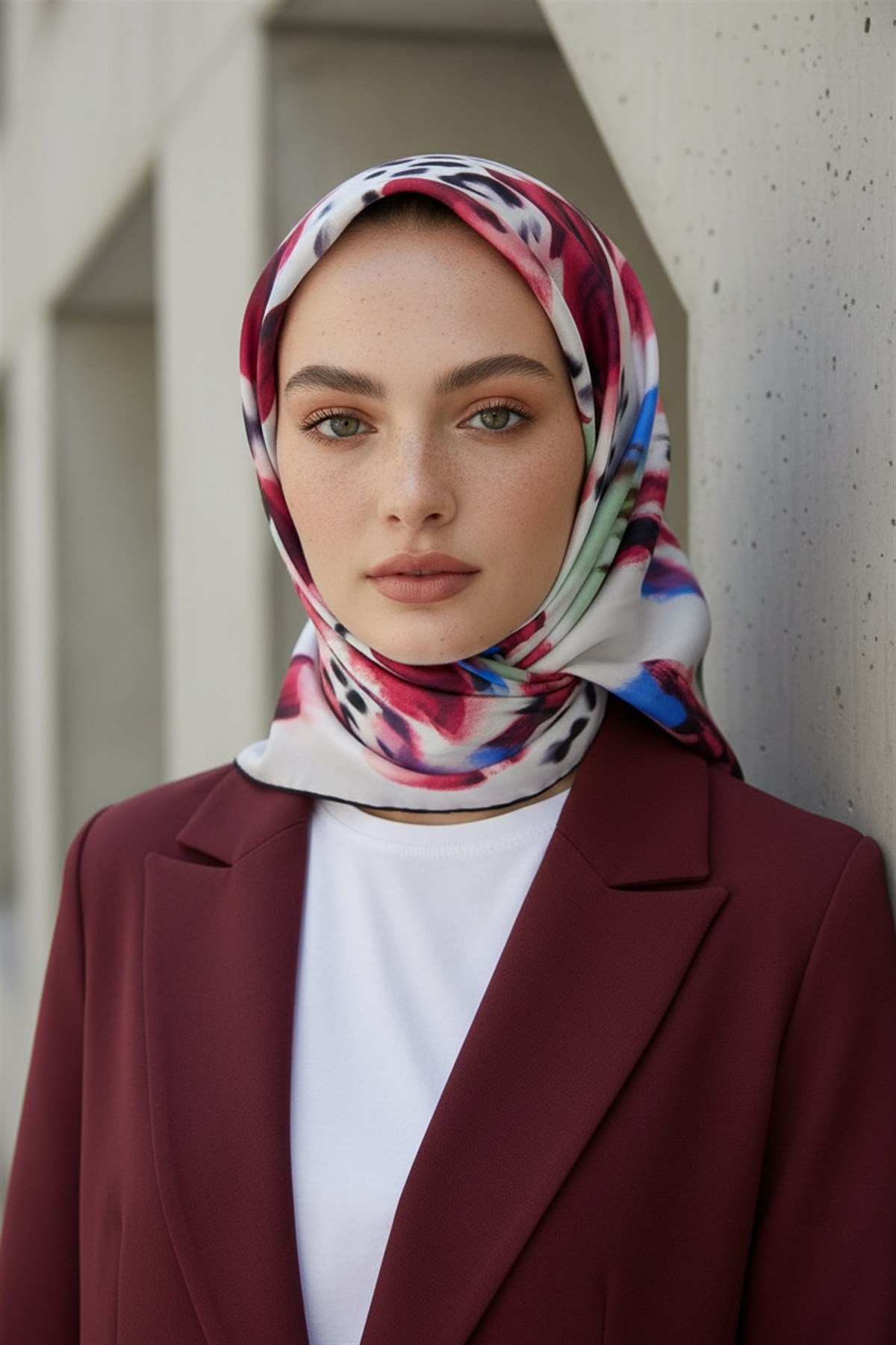 %100 Twill İpek Batik Desenli Bordo - Saks Renkli 90x90 Eşarp Dikim Şekli : El Dikişi
